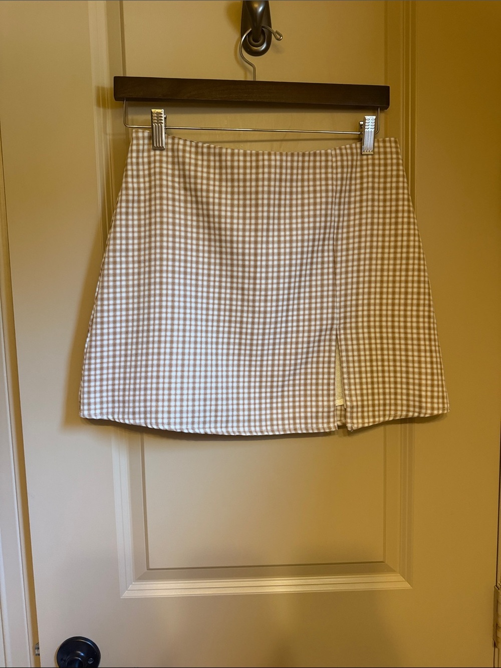 HYFVE Beige Gingham Mini Skirt with Front Slit